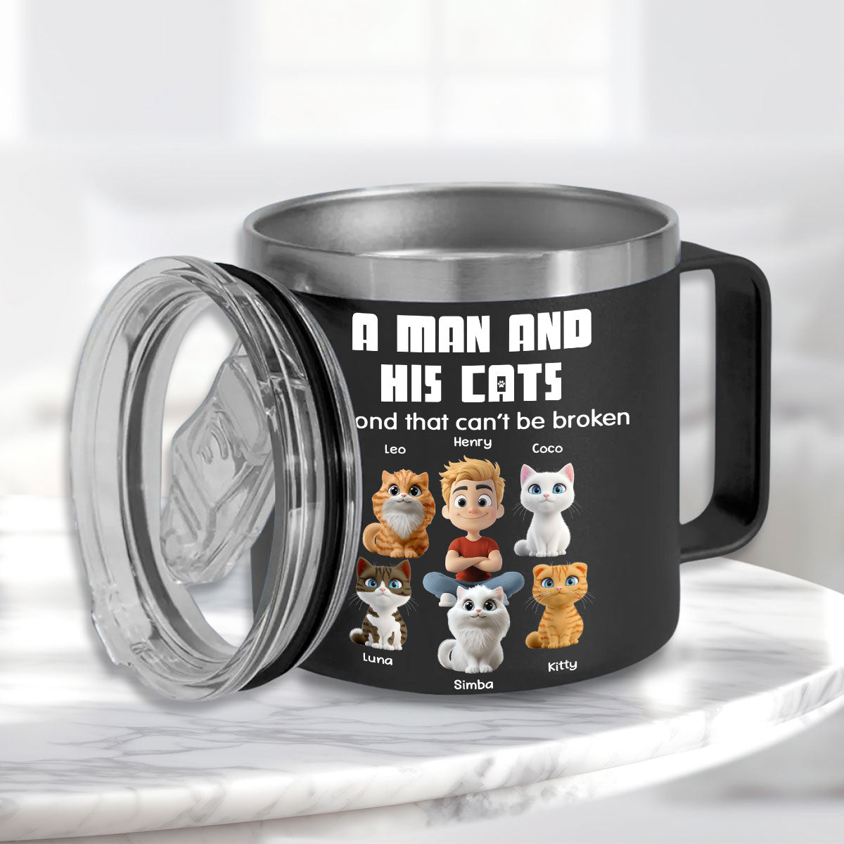 Custom Father's day Birthday Gifts For Cat Dad, Cat Lovers • Best Dad Ever Cat Ver - Personalized 14oz Stainless Steel Tumbler With Handle