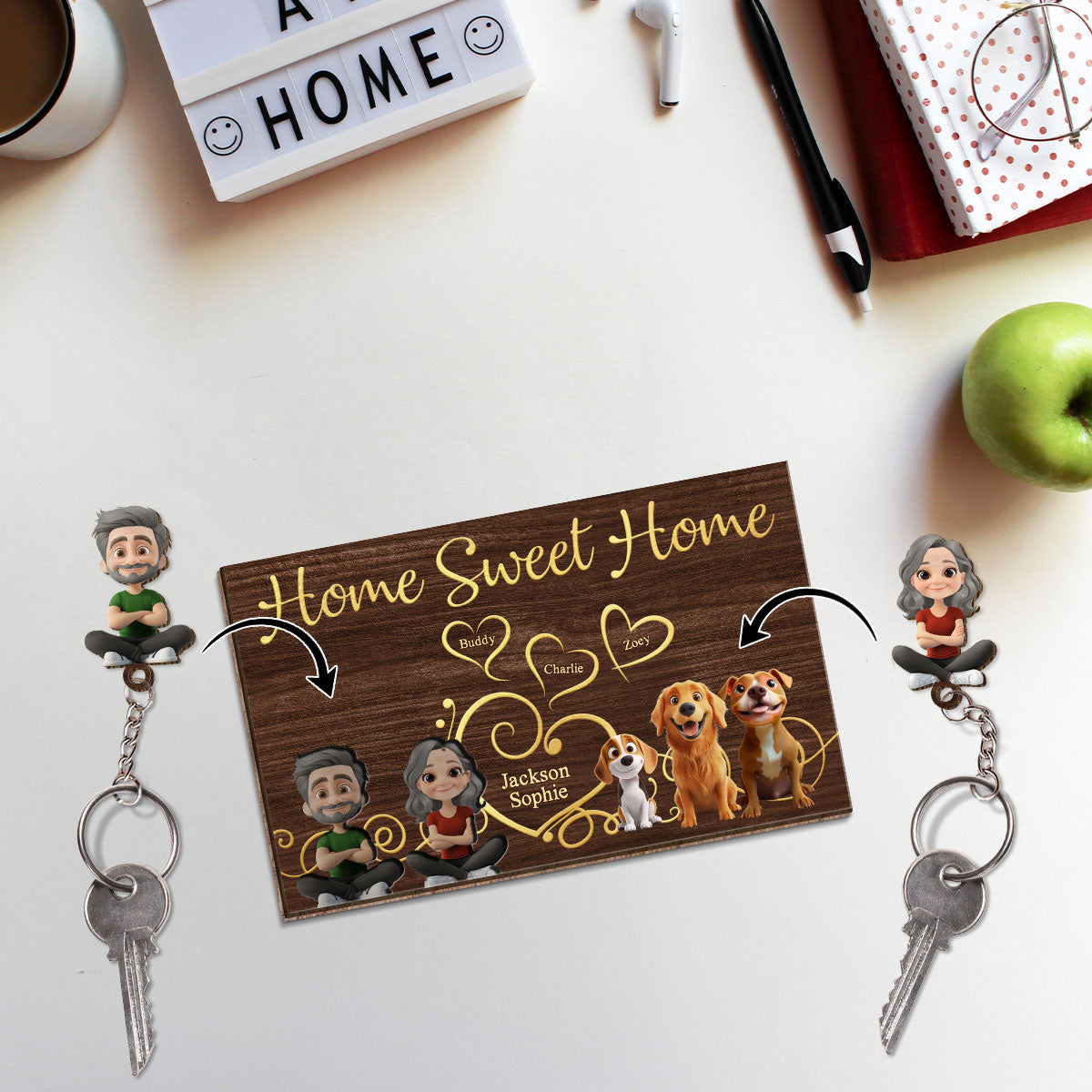 Home Sweet Home - Personalized Wooden Key Holder With Keychain
