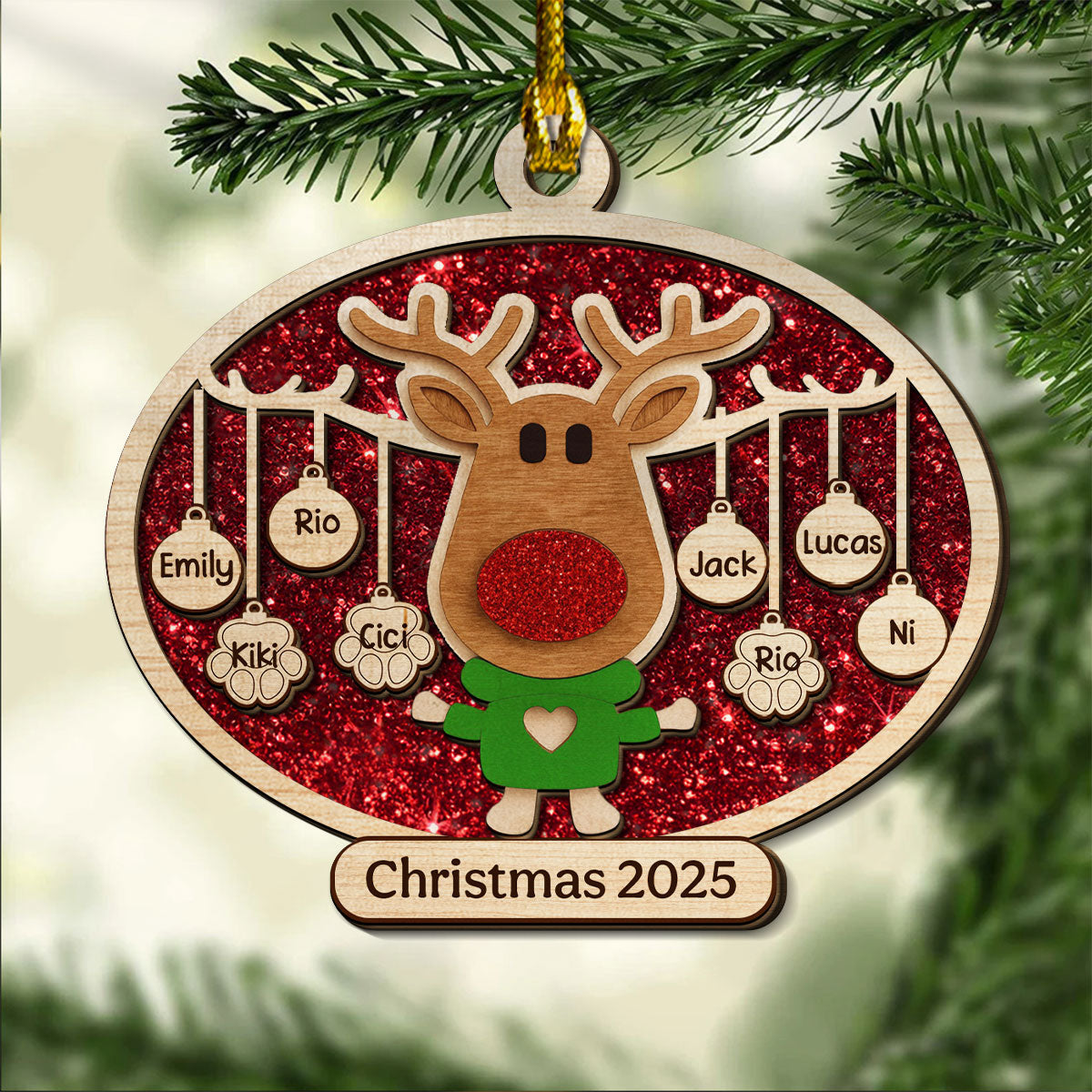 Christmas Reindeer Family Forever - Personalized 2-layered Wood Ornament