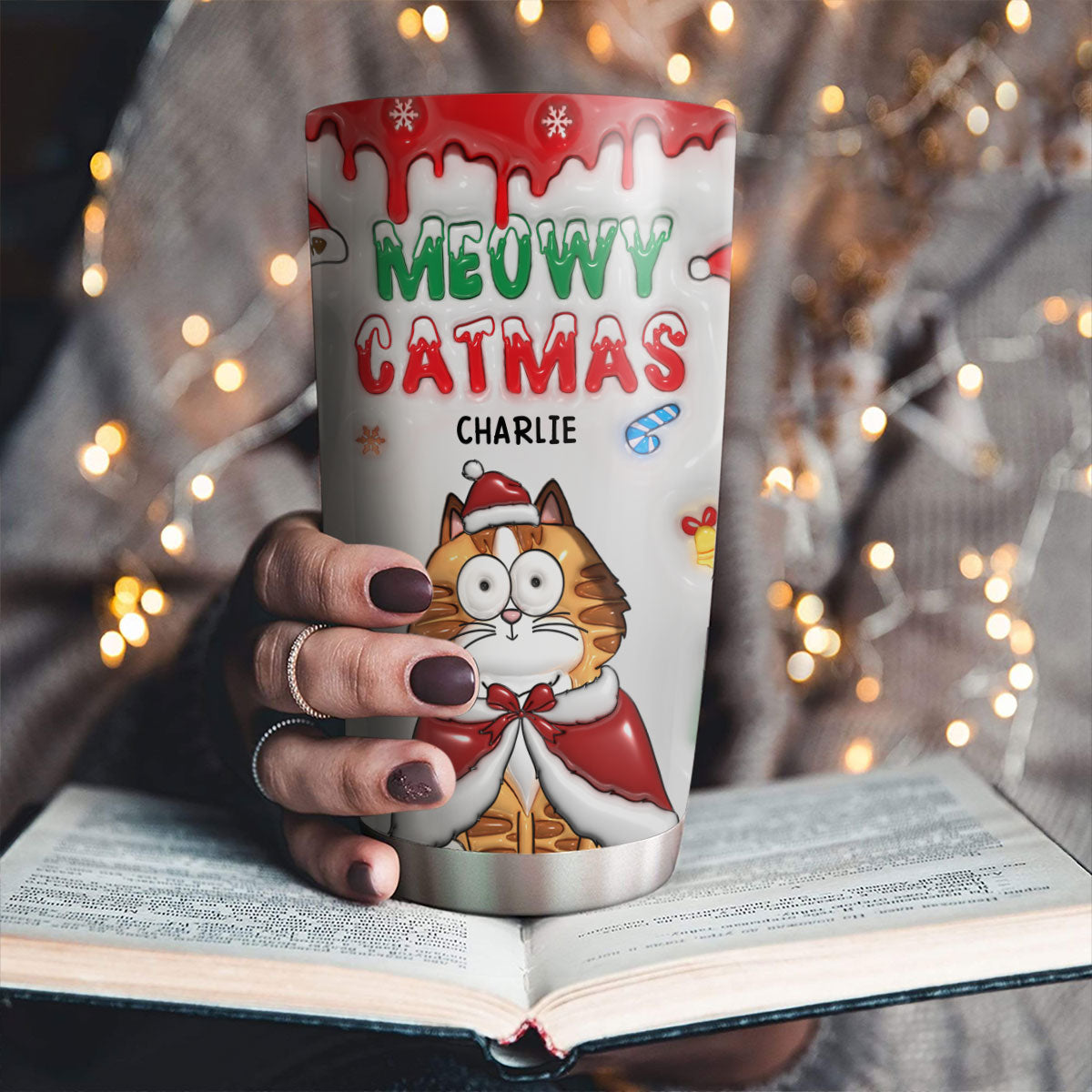 Custom Christmas Birthday Gifts For Pet Lovers • Meowy Christmas - Personalized 3D Inflated Effect Tumbler