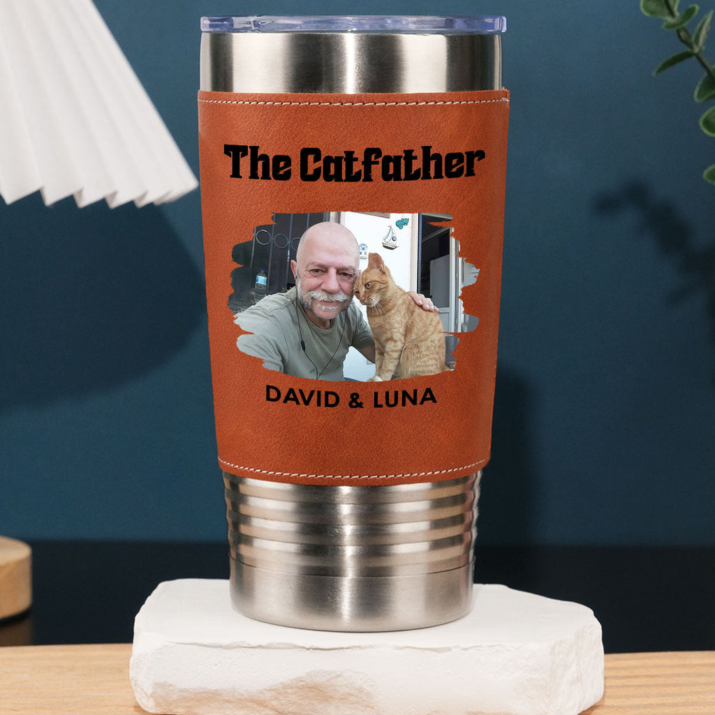 Custom Photo Father's day Birthday Gifts For Cat Dad, Cat Lovers • The Catfather Photo - Personalized Leather Tumbler