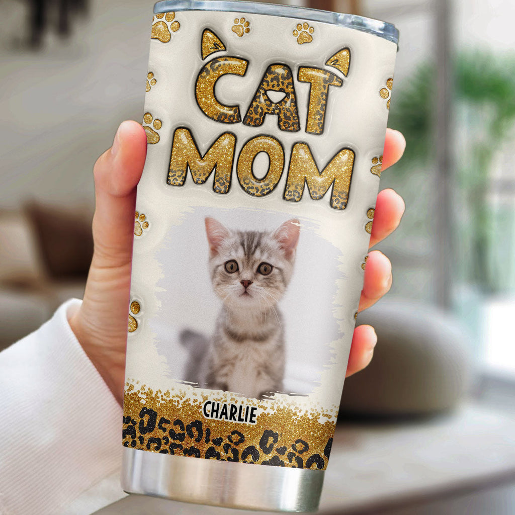 Custom Photo Christmas Birthday Gifts For Cat Mom, Cat Lovers • Cat Mom Leopard Photo - Personalized 3D Inflated Effect Tumbler
