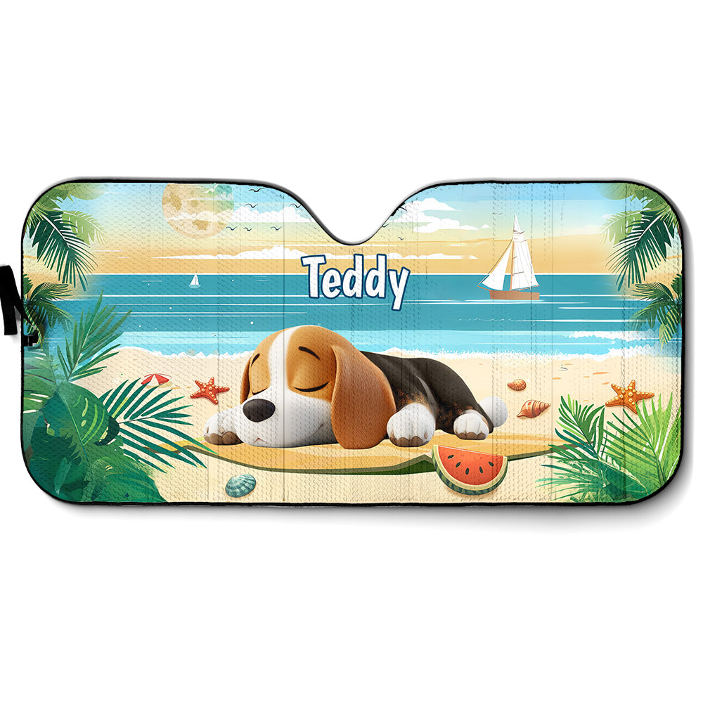Custom Christmas Birthday Gifts Car Accessories for Dog Parents • Dog Relax On Beach - Personalized Car Sunshade