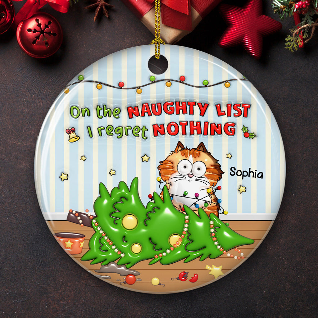 Custom Christmas Decor Home Birthday Gifts For Cat Lovers • Naughty List Catmas - Personalized 3D Inflated Effect Ceramic Ornament