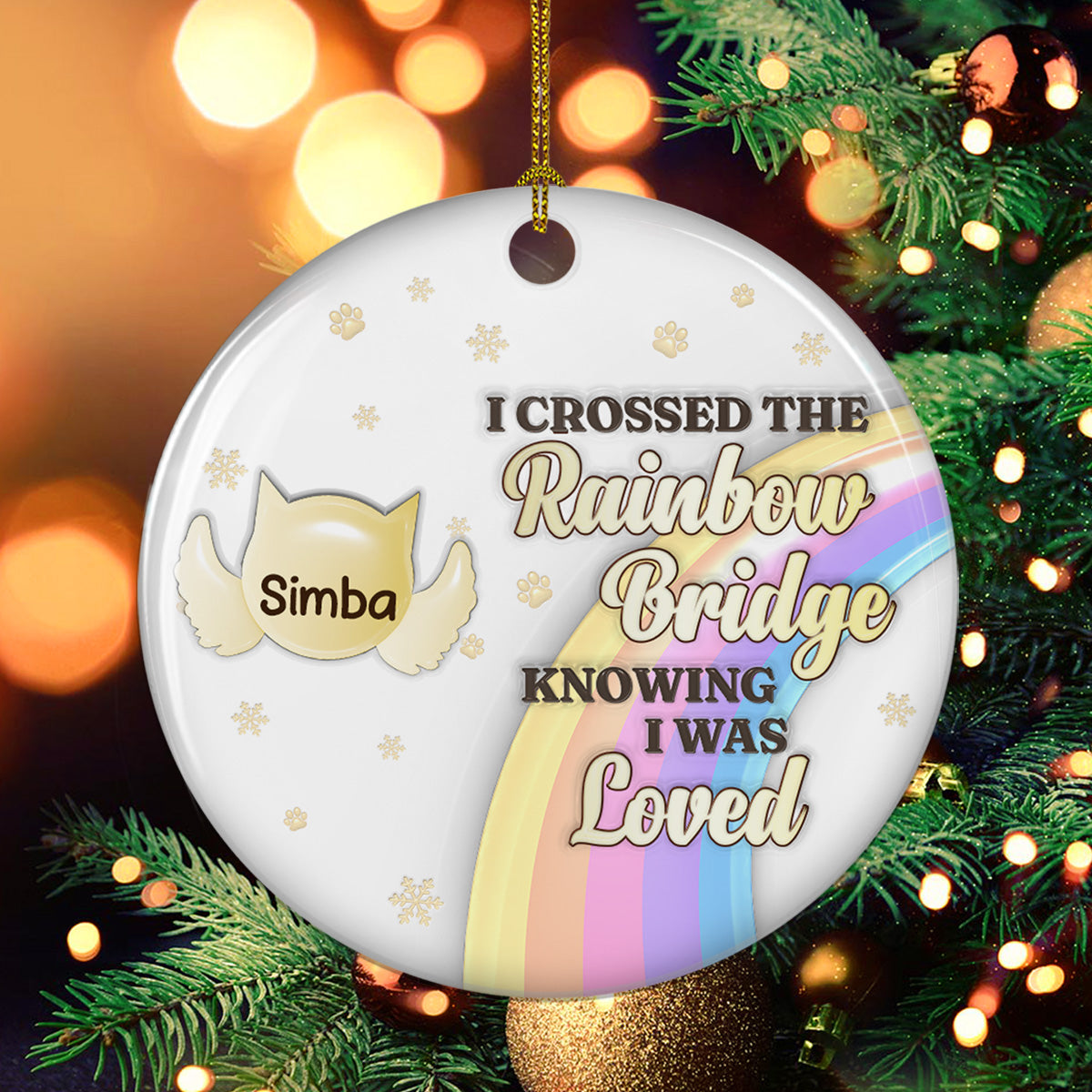 Custom Christmas Memorial Sympathy Gifts For Dogs, Cats • Crossed The Rainbow Bridge - Personalized 3D Inflated Effect Ceramic Ornament