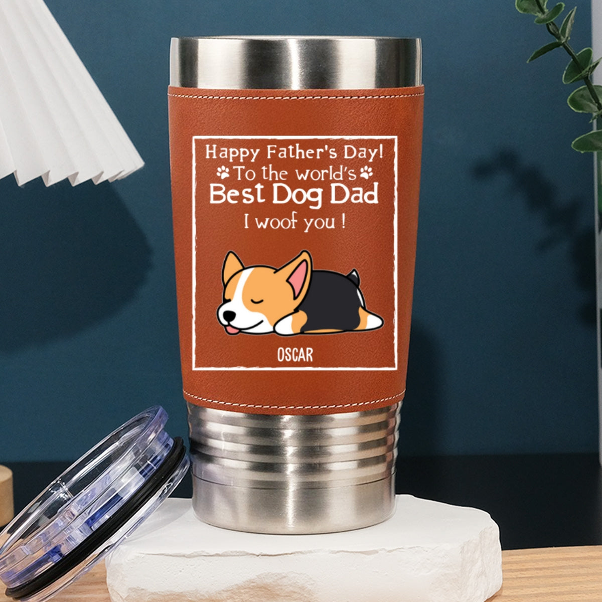 Custom Father's day Birthday Gifts For Dog Dad, Dog Lovers • Woof Best Dog Dad Ever - Personalized Leather Tumbler