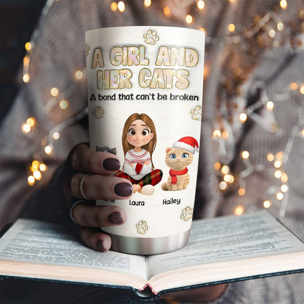 Custom Christmas Birthday Gifts For Pet Mom, Pet Lovers • A Girl And Her Cat Ver Pearl - Personalized 3D Inflated Effect Tumbler