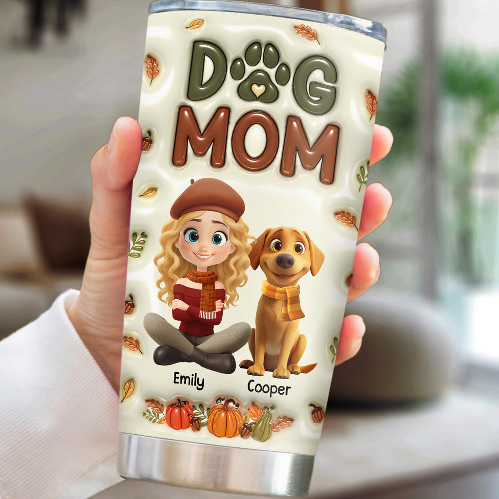 Custom Christmas Birthday Gifts For Dog Lovers • Dog Mom Cartoon Autumn Version - Personalized 3D Inflated Effect Tumbler