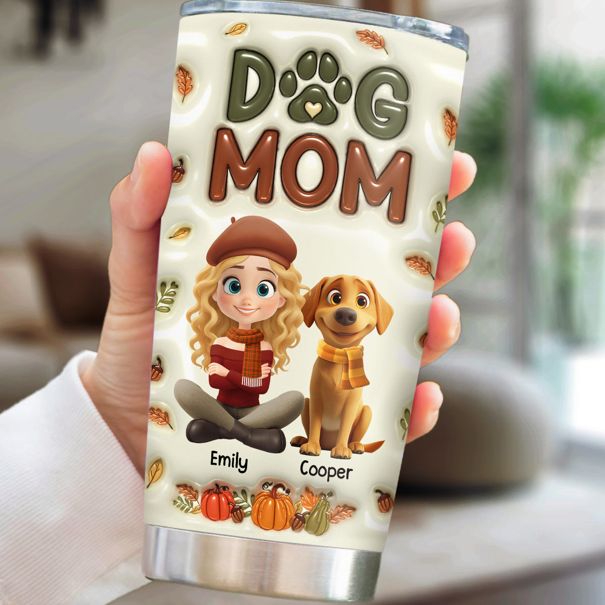 Custom Christmas Birthday Gifts For Dog Lovers • Dog Mom Cartoon Autumn Version - Personalized 3D Inflated Effect Tumbler