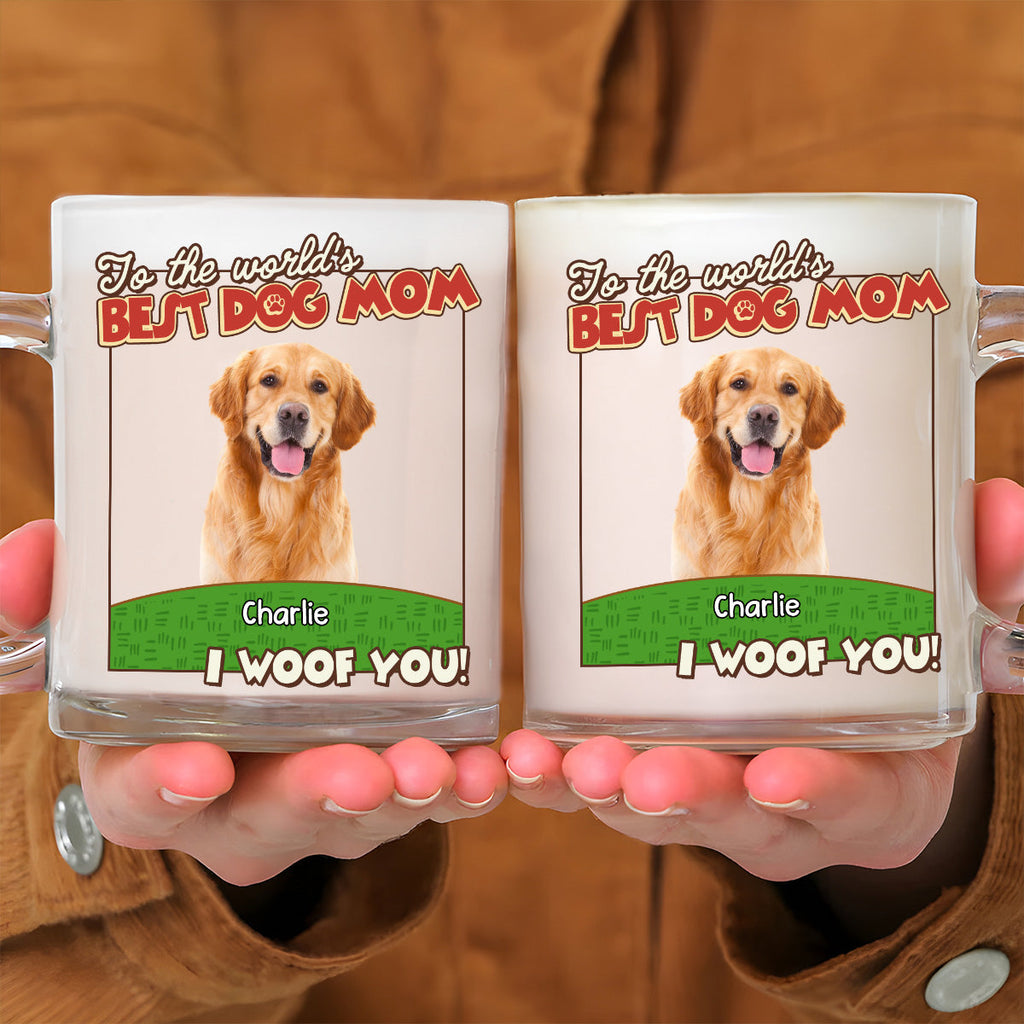 Custom Photo Mother's day Birthday Gifts For Dog Mom, Dog Lovers • We Woof You Dog Mom Dad Cartoon Photo - Personalized Glass Mug