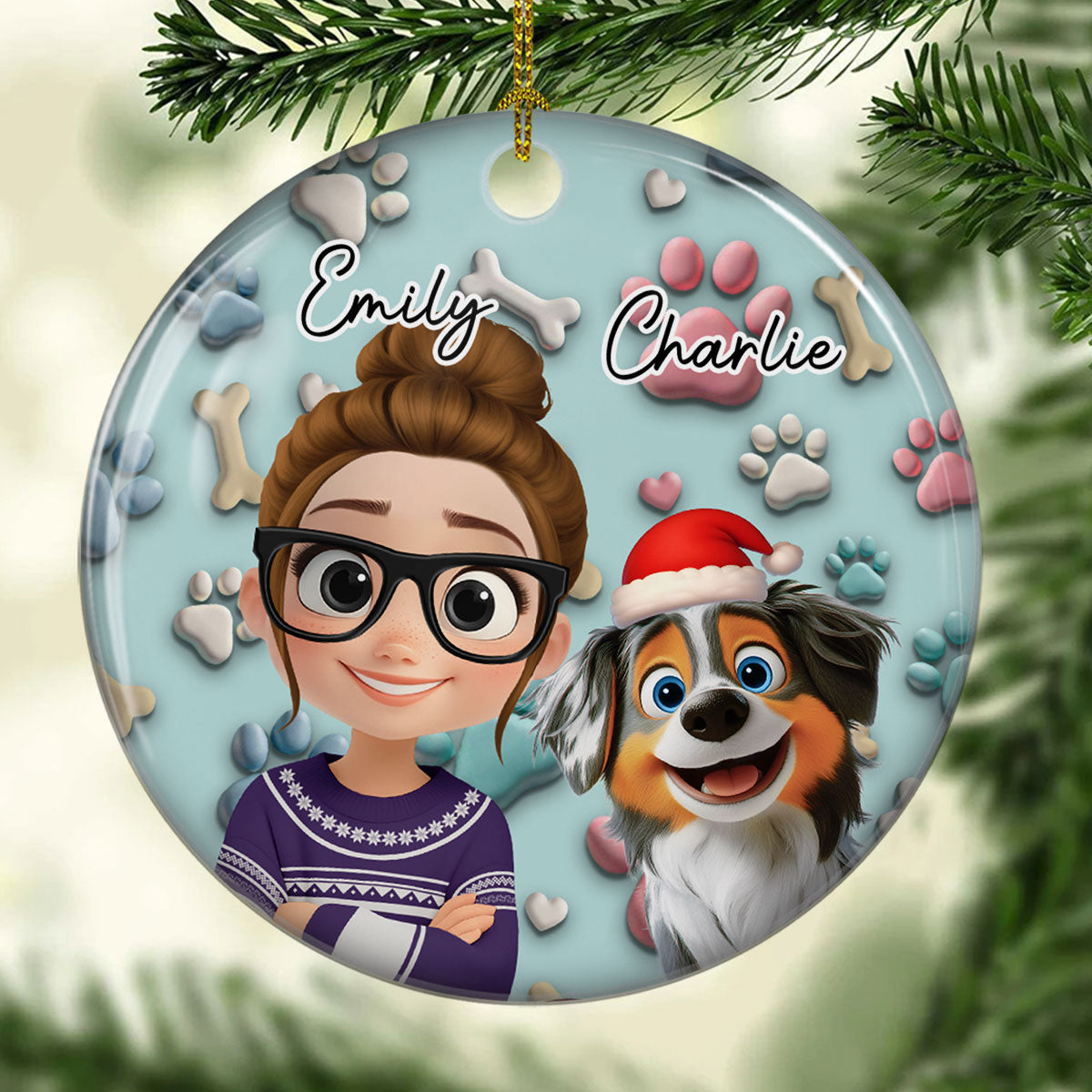 Custom Christmas Decor Home Birthday Gifts For Dog Mom, Dog Lovers • Dog And Human Cartoon - Personalized 3D Effect Ceramic Ornament