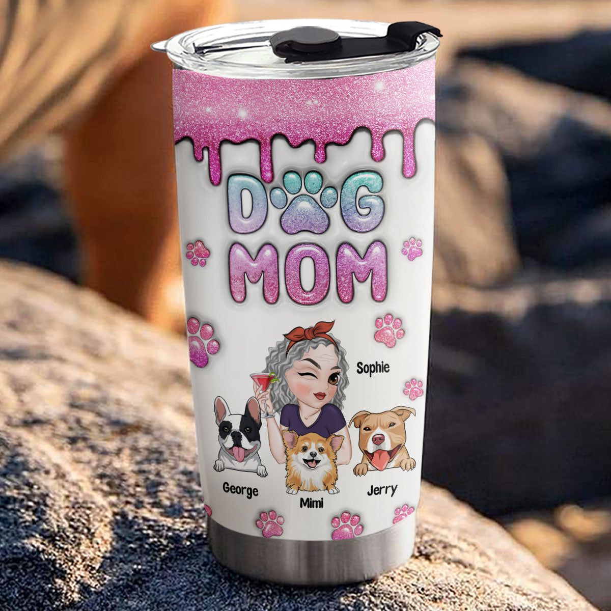 Custom Mother's day Birthday Gifts For Dog Mom, Dog Lovers • Dog Mom Glitter - Personalized 3D Inflated Effect Tumbler