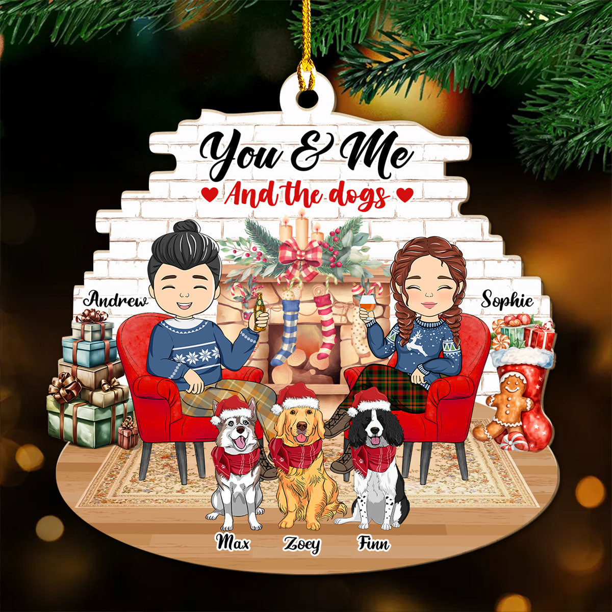 Couple And Dogs - Personalized Wood Ornament