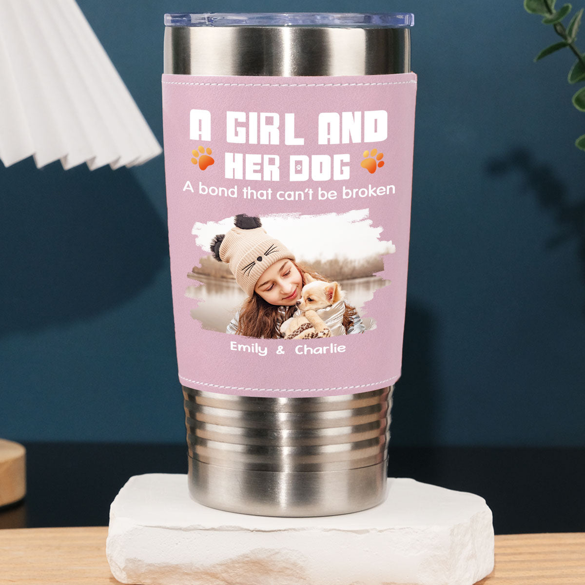 Custom Photo Christmas Birthday Gifts For Dog Mom, Dog Lovers • Human And Their Dog Cartoon Christmas Ver Woman Photo - Personalized Pink Leather Tumbler
