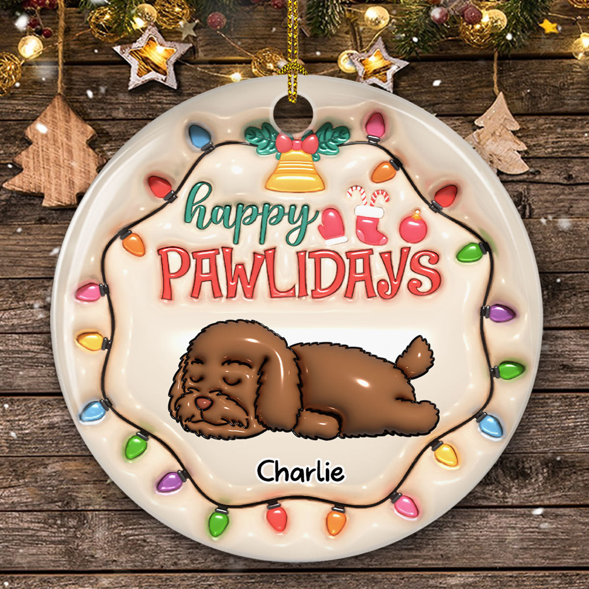 Custom Christmas Decor Home Birthday Gifts For Dog Lovers • Happy Pawlidays - Personalized 3D Inflated Effect Ceramic Ornament