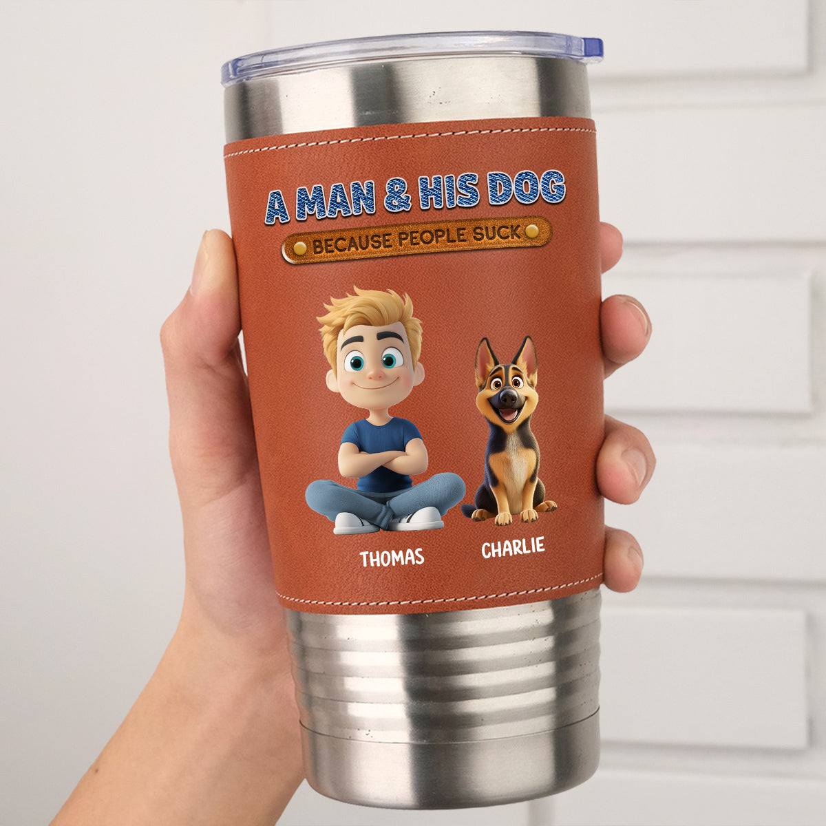 Custom Christmas Birthday Gifts For Dog Dad, Dog Lovers • A Gentleman And His Dog - Personalized Leather Tumbler