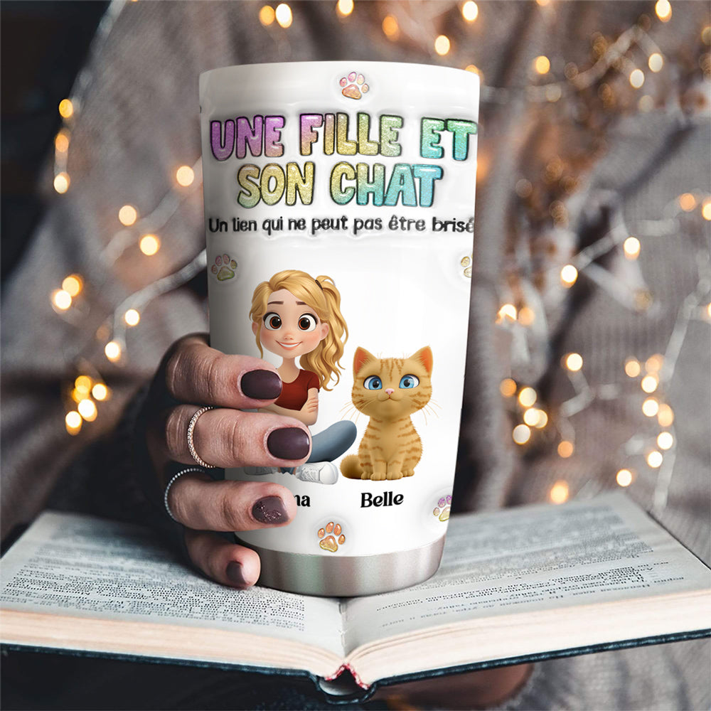 Custom Christmas Birthday Gifts For Cat Mom, Cat Lovers • Gobelet Personnalisé En Effet 3D Gonflé - Une Fille Et Son Chat