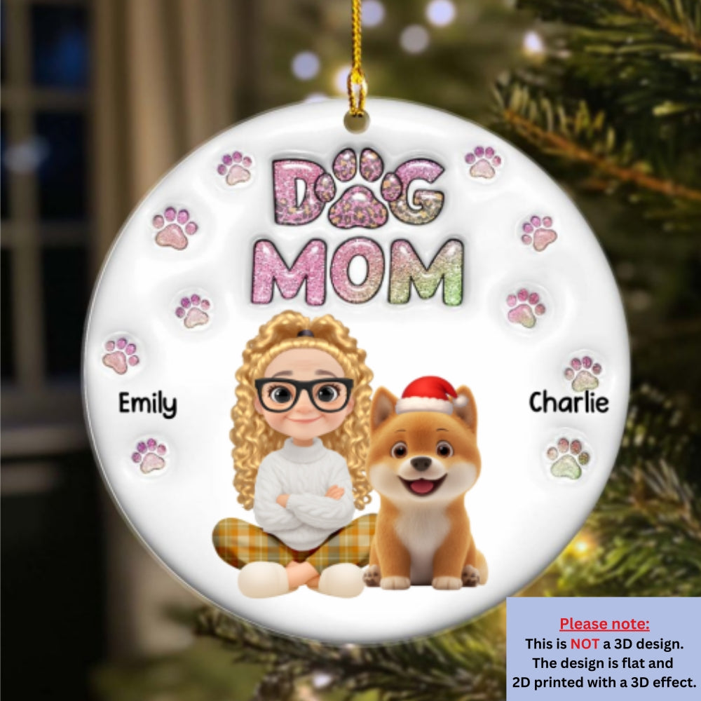 Custom Christmas Decor Home Birthday Gifts For Dog Lovers • Dog Mom Lovely Chibi - Personalized 3D Inflated Effect Acrylic Ornament