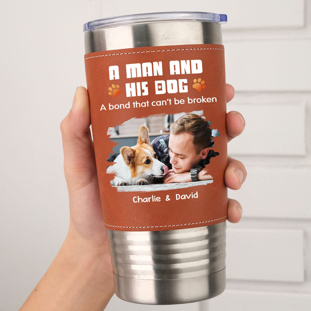 Custom Photo Christmas Birthday Gifts For Dog Lovers • Human And Their Dog Cartoon Christmas Photo - Personalized Leather Tumbler
