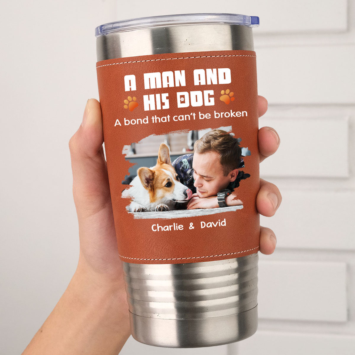 Custom Photo Christmas Birthday Gifts For Dog Lovers • Human And Their Dog Cartoon Christmas Photo - Personalized Leather Tumbler