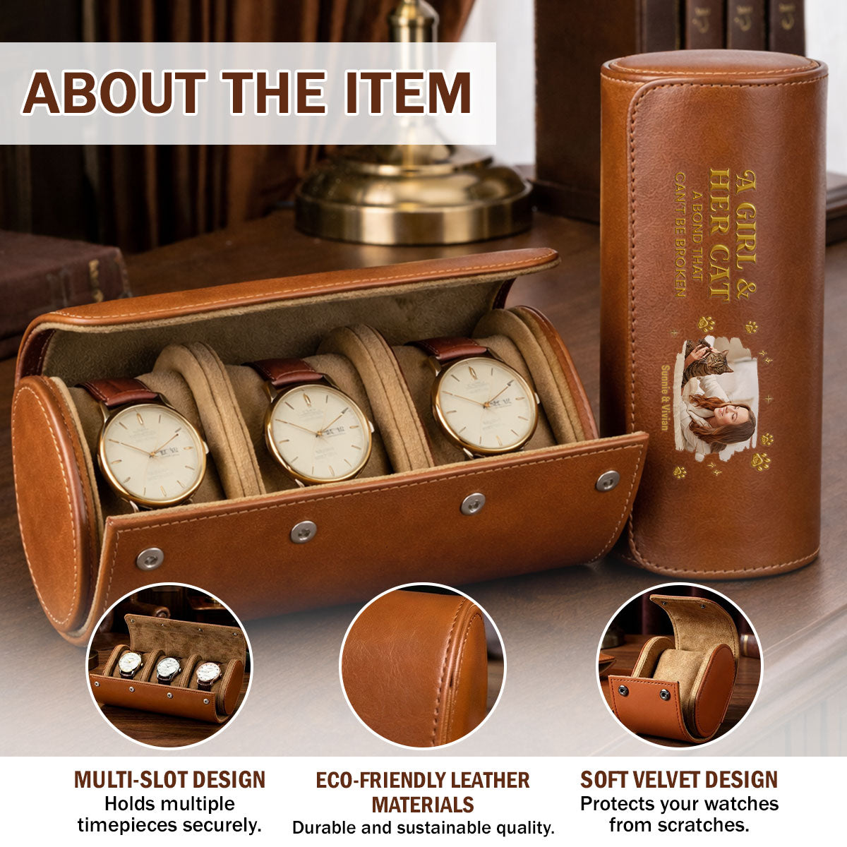 A Girl And Her Cat Photo - Personalized Leather Watch Case