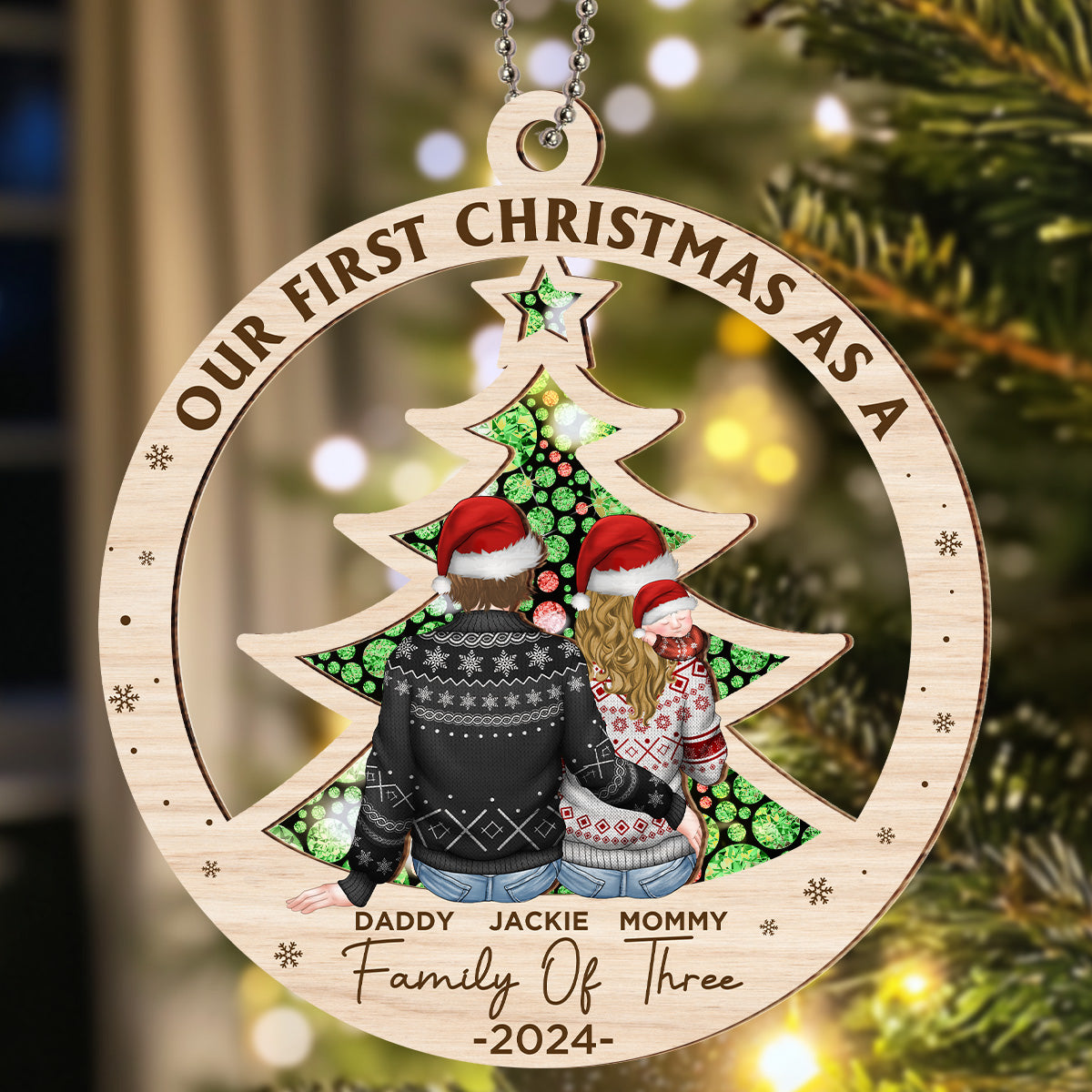 First Christmas As A Family Of Three New Parents - Personalized Suncatcher Ornament