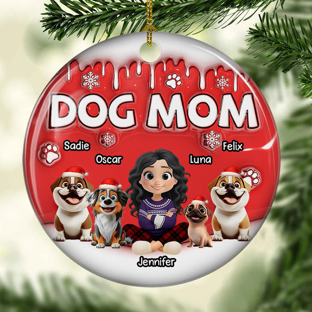 Custom Christmas Decor Home Birthday Gifts For Dog Mom, Dog Lovers • Dog Mom Cartoon In Christmas - Personalized 3D Inflated Effect Ceramic Ornament