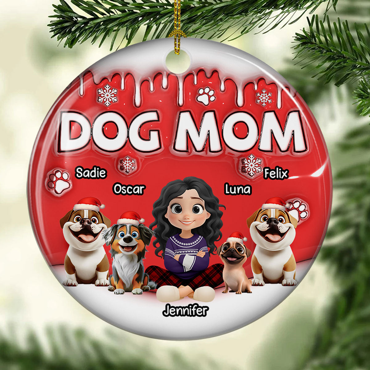 Custom Christmas Decor Home Birthday Gifts For Dog Mom, Dog Lovers • Dog Mom Cartoon In Christmas - Personalized 3D Inflated Effect Ceramic Ornament