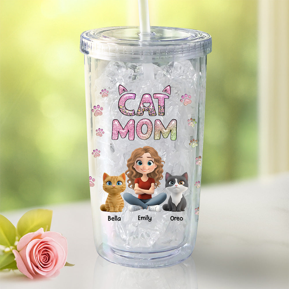 Custom Christmas Birthday Gifts For Cat Mom, Cat Lovers • Cat Mom Lovely Chibi - Personalized 14oz Plastic Tumbler