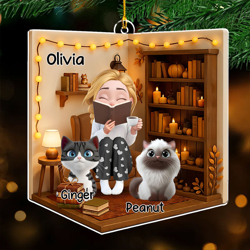 Custom Christmas Decor Home Birthday Gifts For Cat Lovers • Reading Girly And Her Cats - Personalized 3D Effect Acrylic Ornament