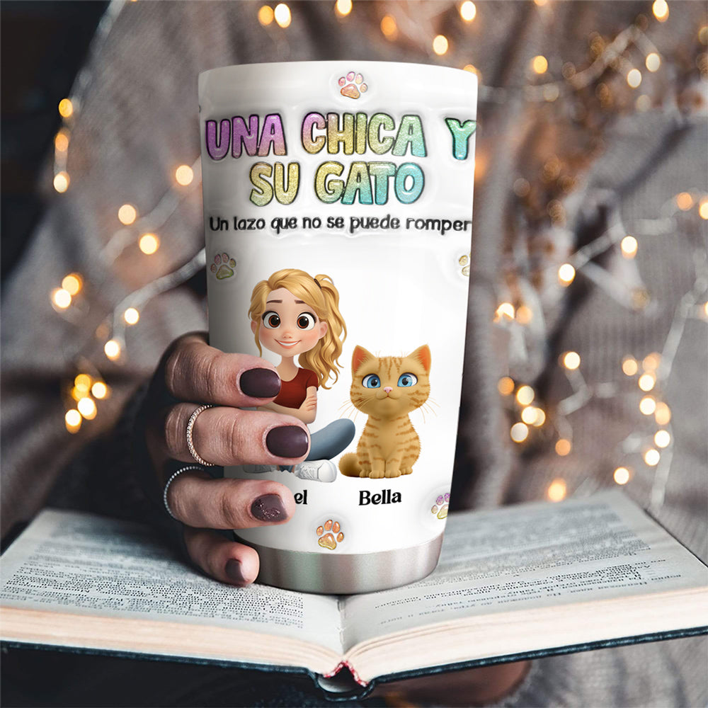 Custom Christmas Birthday Gifts For Cat Mom, Cat Lovers • Una chica y su gato – Vaso térmico personalizado con efecto 3D inflado