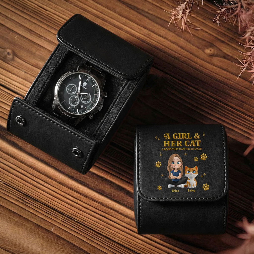 A Girl And Her Cat - Personalized Leather Watch Case