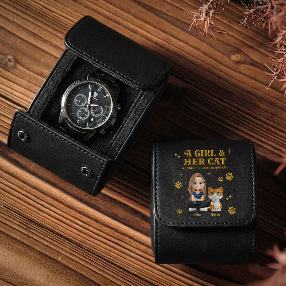 A Girl And Her Cat - Personalized Leather Watch Case
