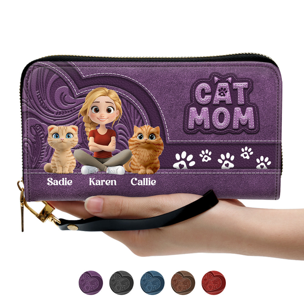 Chibi Cartoon Cat Mom - Personalized Leather Wallet
