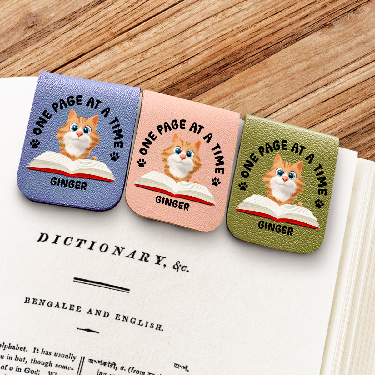 One Page Once With Cat - Personalized Leather Bookmark