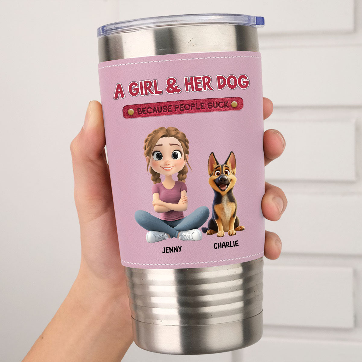 Custom Christmas Birthday Gifts For Dog Mom, Dog Lovers • A Lady And Her Dog - Personalized Pink Leather Tumbler
