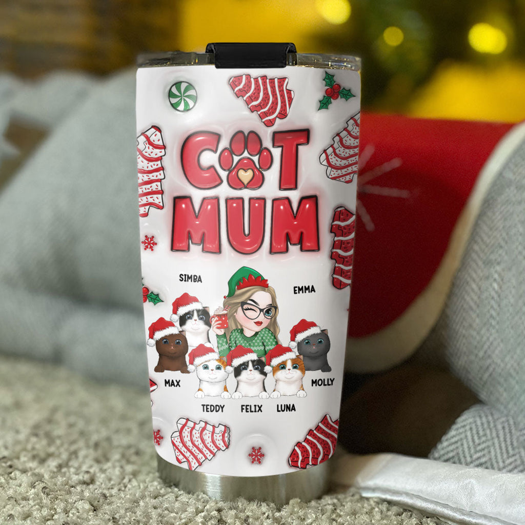 Custom Christmas Birthday Gifts For Pet Lovers • Cat Mom Christmas Cake - Personalized 3D Inflated Effect Tumbler