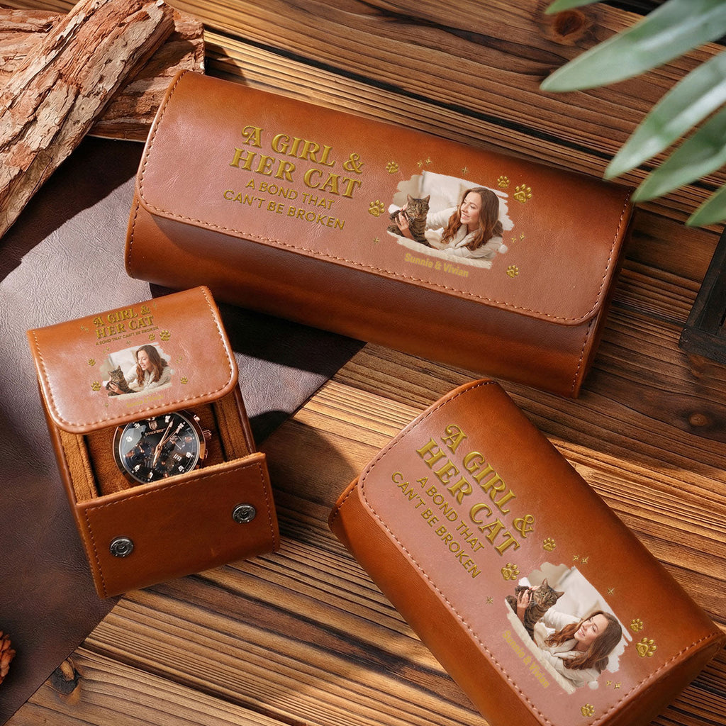 A Girl And Her Cat Photo - Personalized Leather Watch Case