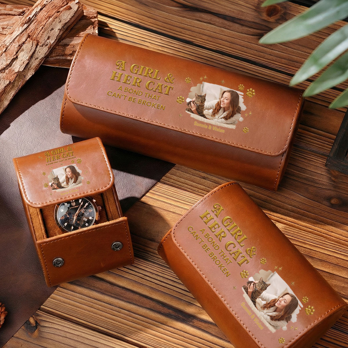 A Girl And Her Cat Photo - Personalized Leather Watch Case