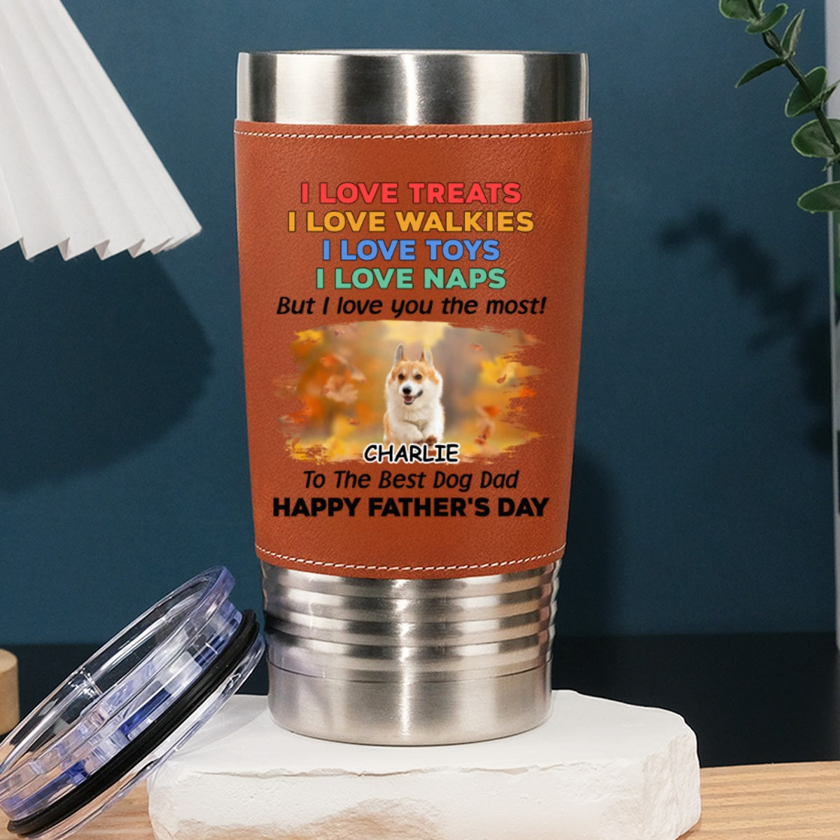 Custom Photo Father's day Birthday Gifts For Dog Dad, Dog Lovers • Love You The Most Photo - Personalized Leather Tumbler