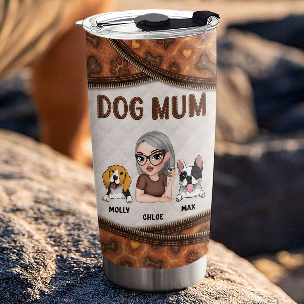 Custom Mother's day Birthday Gifts For Pet Mom, Pet Lovers • Leather Lovely Dog Mom - Personalized 3D Inflated Effect Tumbler
