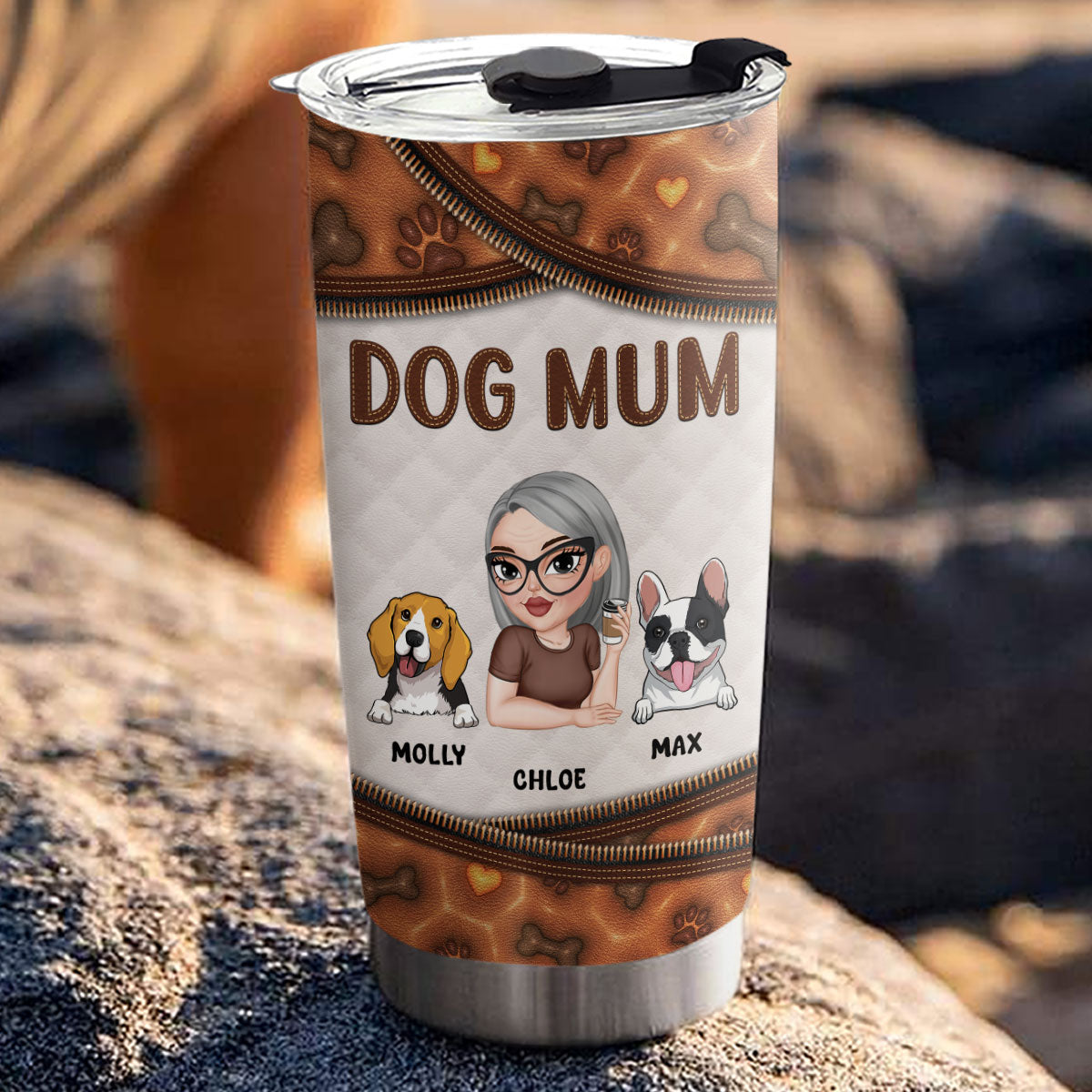 Custom Mother's day Birthday Gifts For Pet Mom, Pet Lovers • Leather Lovely Dog Mom - Personalized 3D Inflated Effect Tumbler