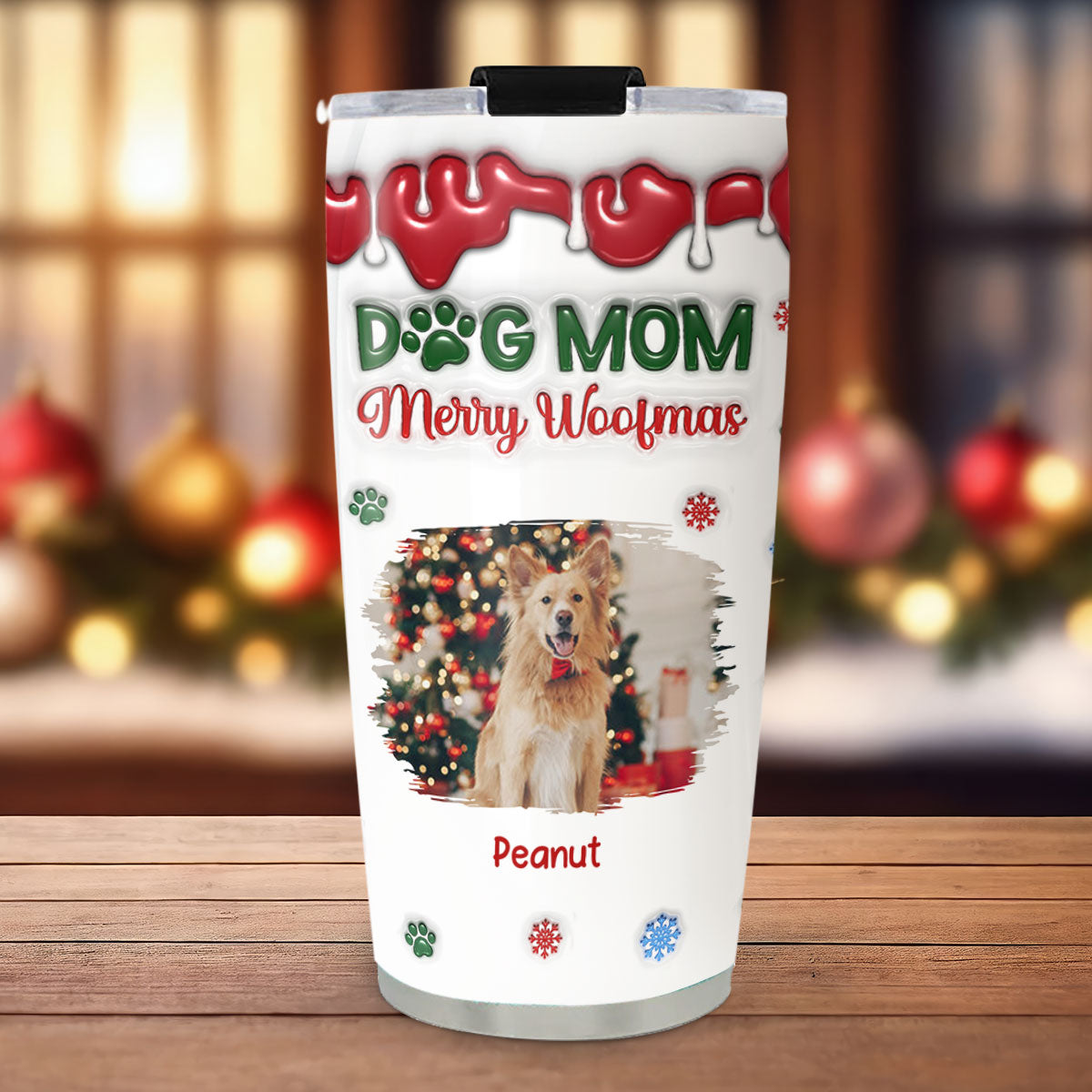 Custom Christmas Birthday Gifts For Pet Lovers • Merry Woofmas My Dog Mom Version Upload Photo - Personalized 3D Inflated Effect Tumbler