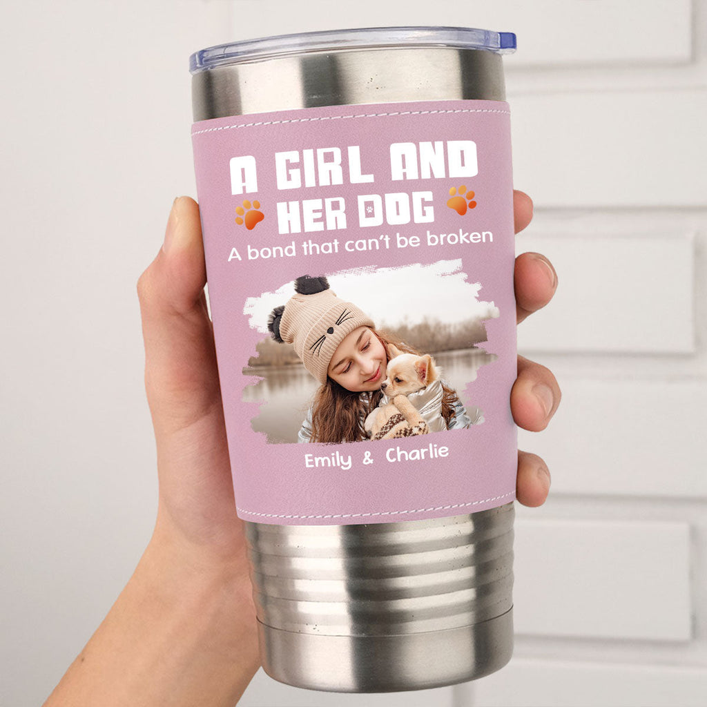 Custom Photo Christmas Birthday Gifts For Dog Mom, Dog Lovers • Human And Their Dog Cartoon Christmas Ver Woman Photo - Personalized Pink Leather Tumbler