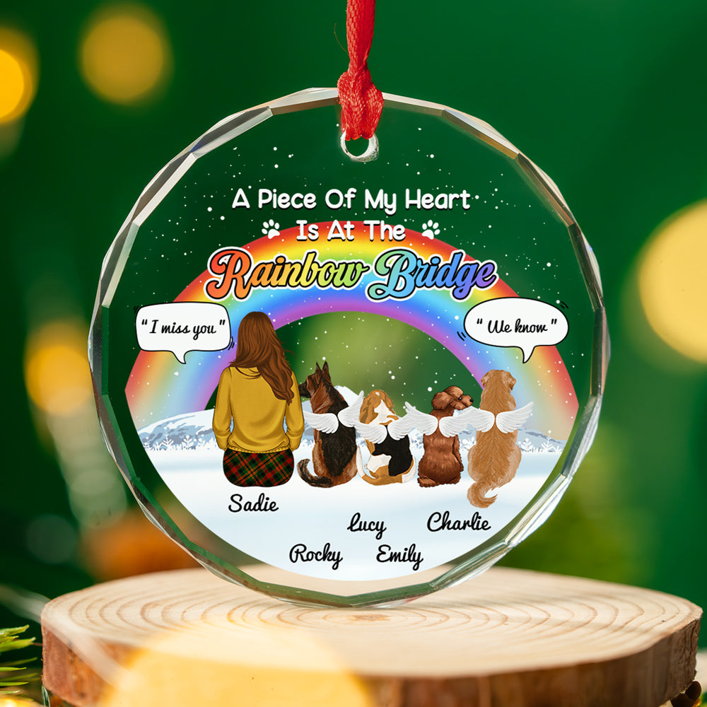Custom Christmas Memorial Sympathy Gifts For Dogs, Cats • A Piece Of My Heart Is At The Rainbow Bridge - Personalized Glass Ornament