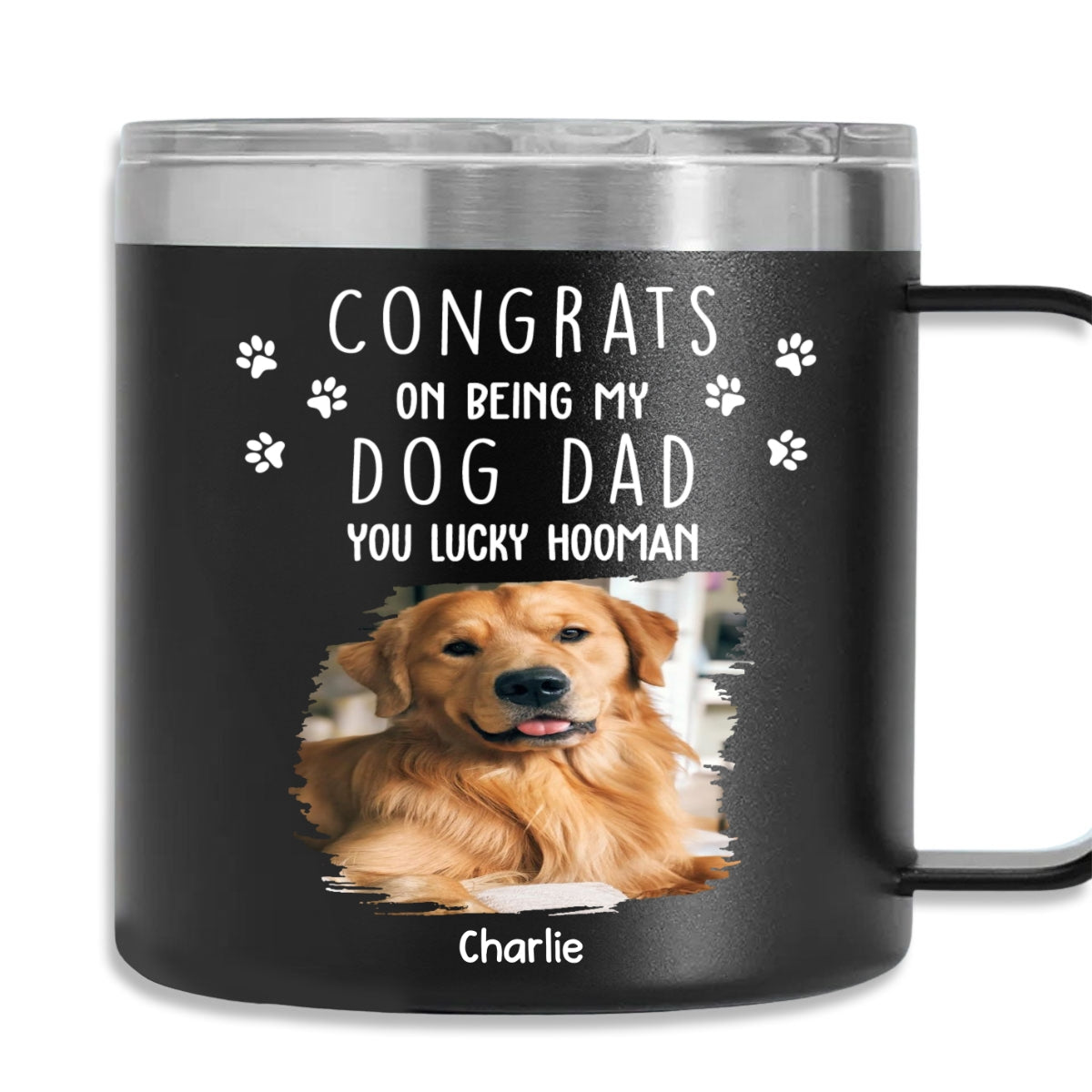 Custom Photo Father's day Birthday Gifts For Dog Dad, Dog Lovers • Thank You For Putting Up Photo - Personalized 14oz Stainless Steel Tumbler With Handle