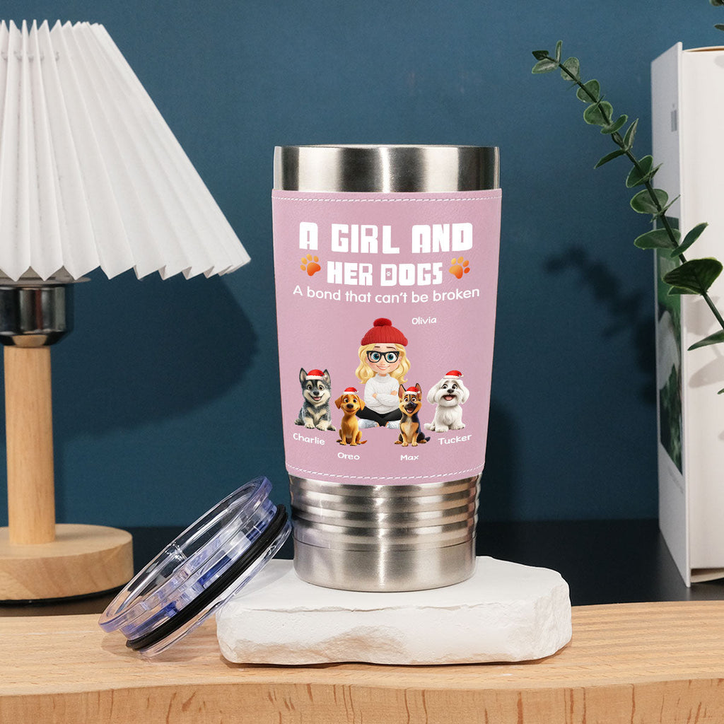 Custom Christmas Birthday Gifts For Dog Mom, Dog Lovers • Human And Their Dog Cartoon Christmas Ver Woman - Personalized Pink Leather Tumbler