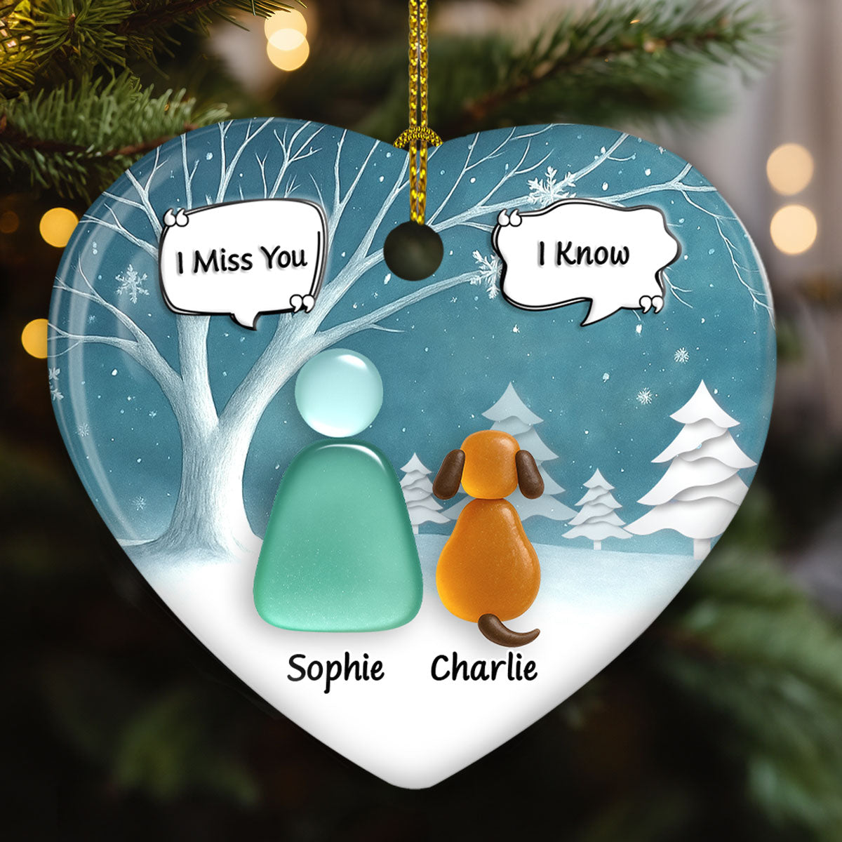 Custom Christmas Memorial Sympathy Gifts For Dogs, Cats • Silent Snow - Personalized 3D Effect Heart Ceramic Ornament