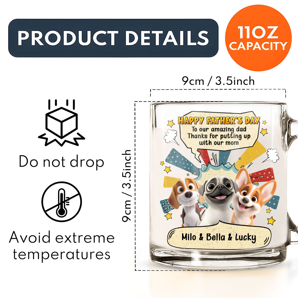 Custom Father's day Birthday Gifts For Dog Dad, Dog Lovers • Thanks For Putting Up With Us Dad - Personalized Glass Mug
