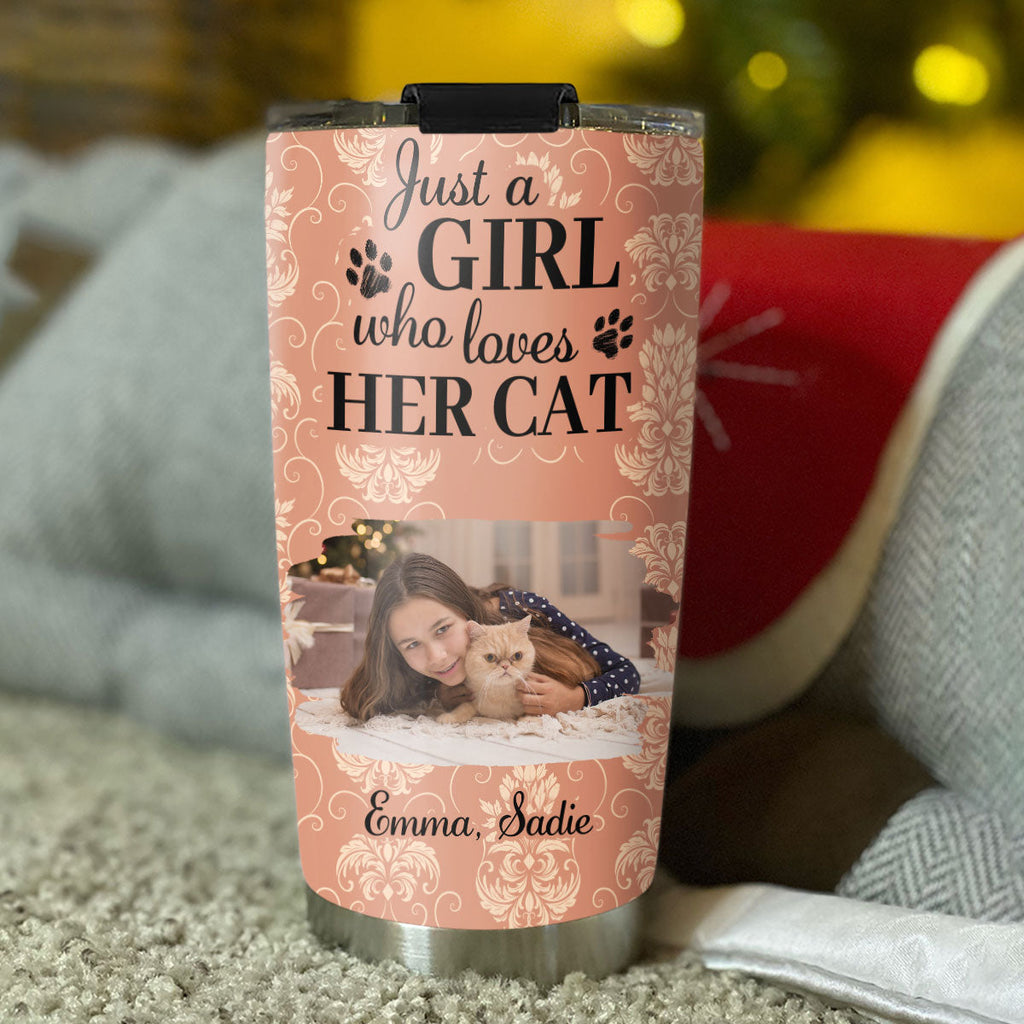 Custom Photo Christmas Birthday Gifts For Cat Mom, Cat Lovers • Pumskin Cat And Girl Photo - Personalized Tumbler